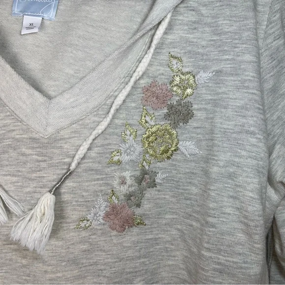 Dressbarn Sunday | Oatmeal V-Neck Hooded Sweatshirt With Floral Embroidery | XL - Picture 5 of 12